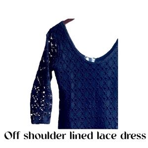 off shoulder Lacy wide neck midi dress EUC FULLY LINED.